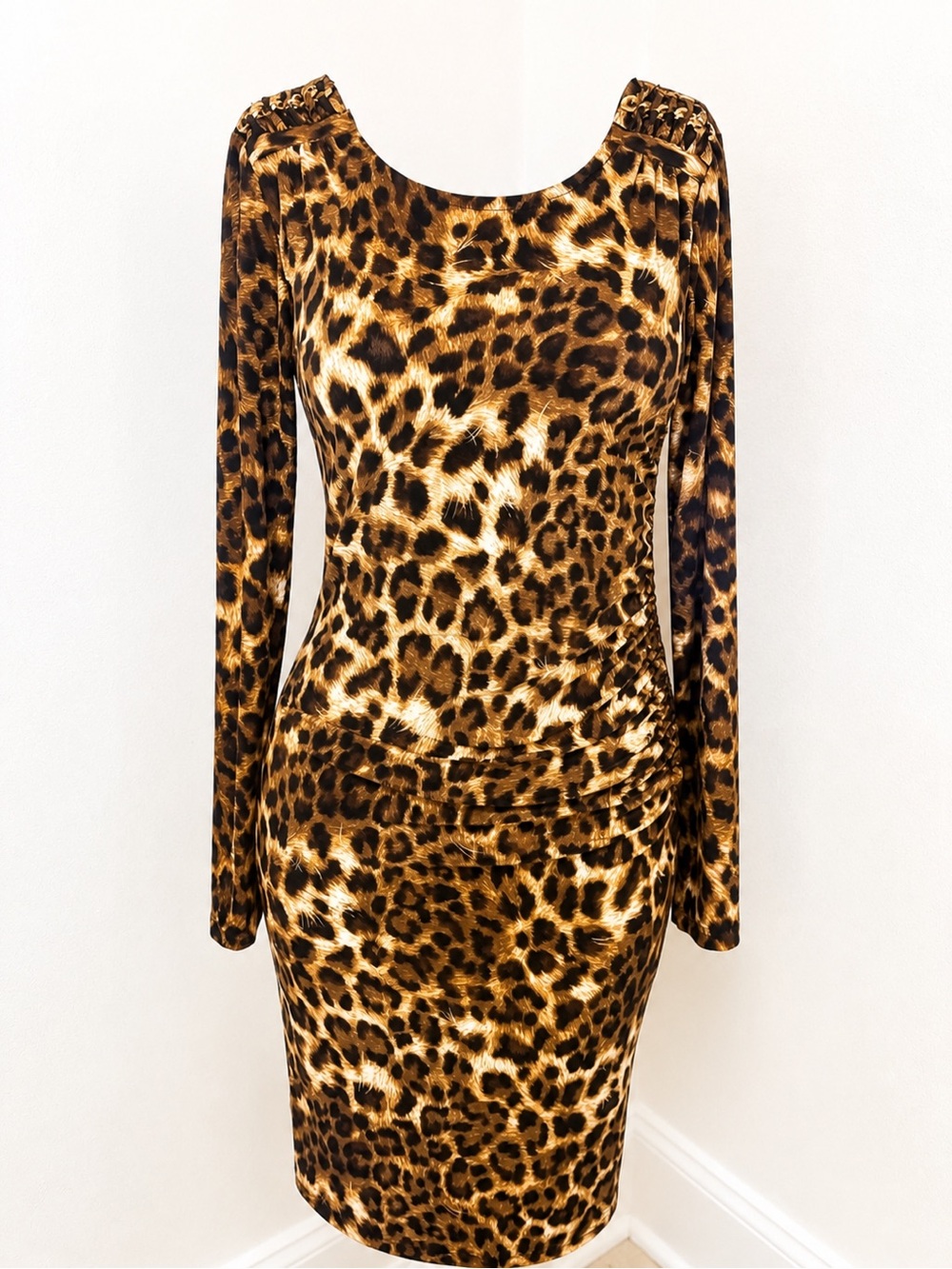 Jubilant Leopard Print Ruched Bodycon Dress Gold Chain Shoulders NWT Small